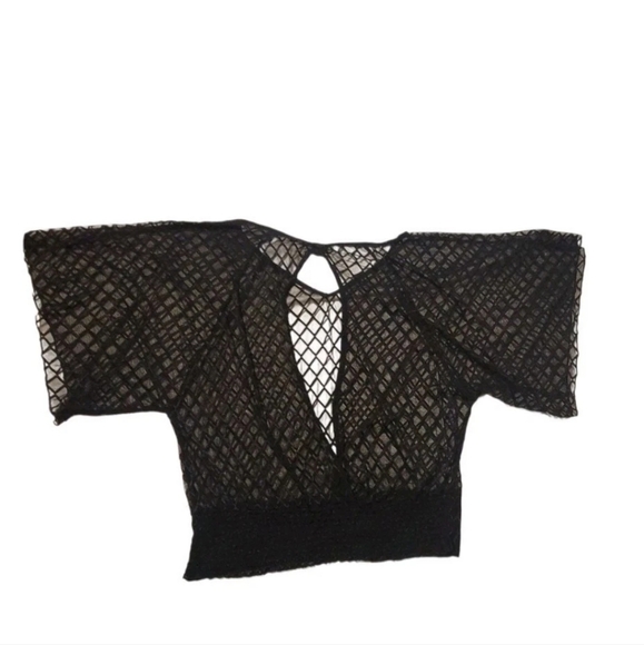 Studio Y Women's Sz XL Black Diamond Sheer Short Sleeve Open Back Crop Top NWOT - Picture 1 of 7